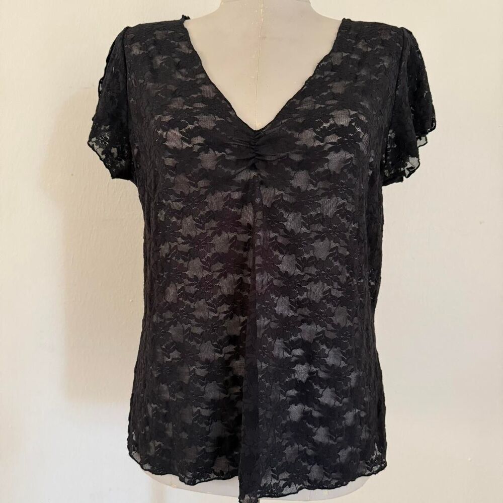 Vintage Y2K Mossimo Sheer Lace Flutter sleeve vneck Black T shirt Sz XL goth emo